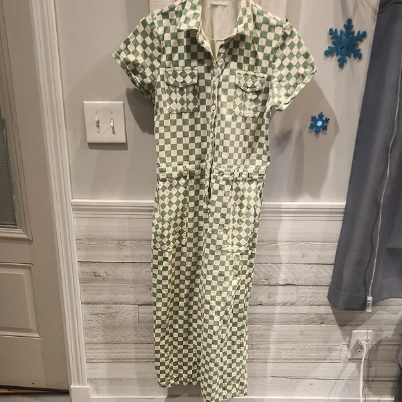 EUC Roolee Green and Cream Checkered Cotton Jumpsuit w/pockets No Sz Tag XS - Picture 1 of 8